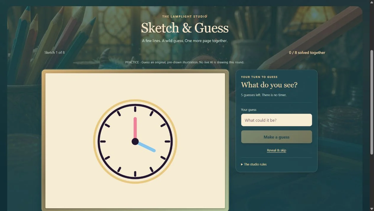 Sketch and Guess practice screen with a drawn clock and a guess box