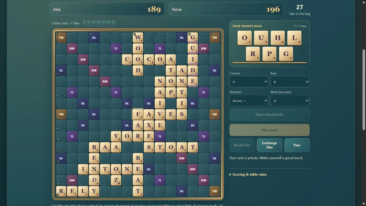 Word Tiles with a word board, letter rack, and scores